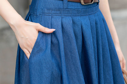 Blue Cotton Maxi Skirt - Pleated Swing A-Line Two Pockets | Xiaolizi 4286