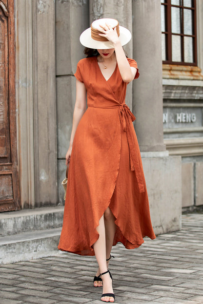 Handmade Linen Wrap Dress | Rust Orange Midi 4287