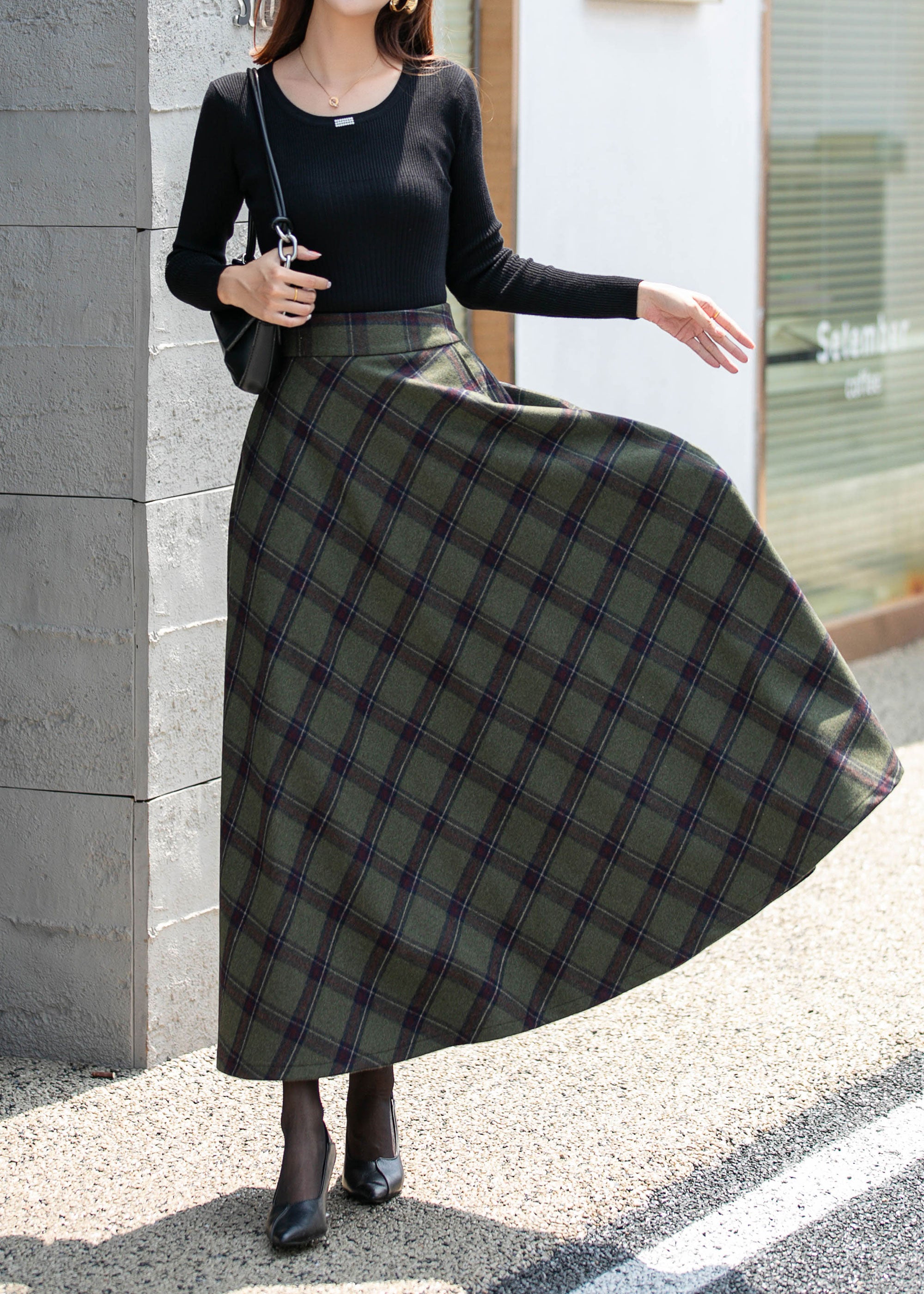 High waisted clearance plaid wool skirt