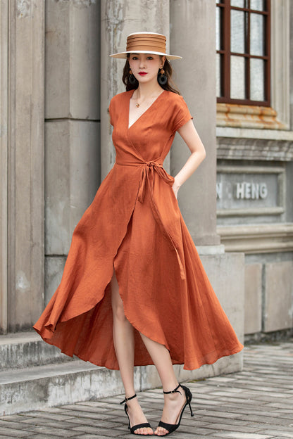 Orange Linen Wrap Dress Handmade V-Neck Summer Midi Dress Orange / L Orange Linen Wrap Dress Handmade V-Neck Summer Midi Dress Orange / L
