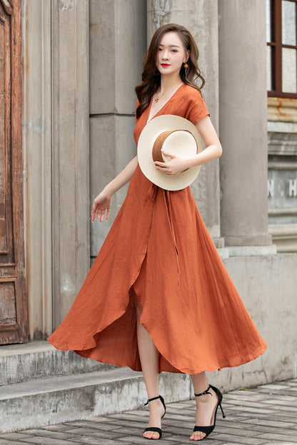 Handmade Linen Wrap Dress | Rust Orange Midi 4287