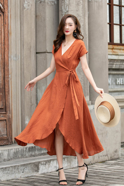 Orange Linen Wrap Dress Handmade V-Neck Summer Midi Dress Orange / XS Orange Linen Wrap Dress Handmade V-Neck Summer Midi Dress Orange / XS