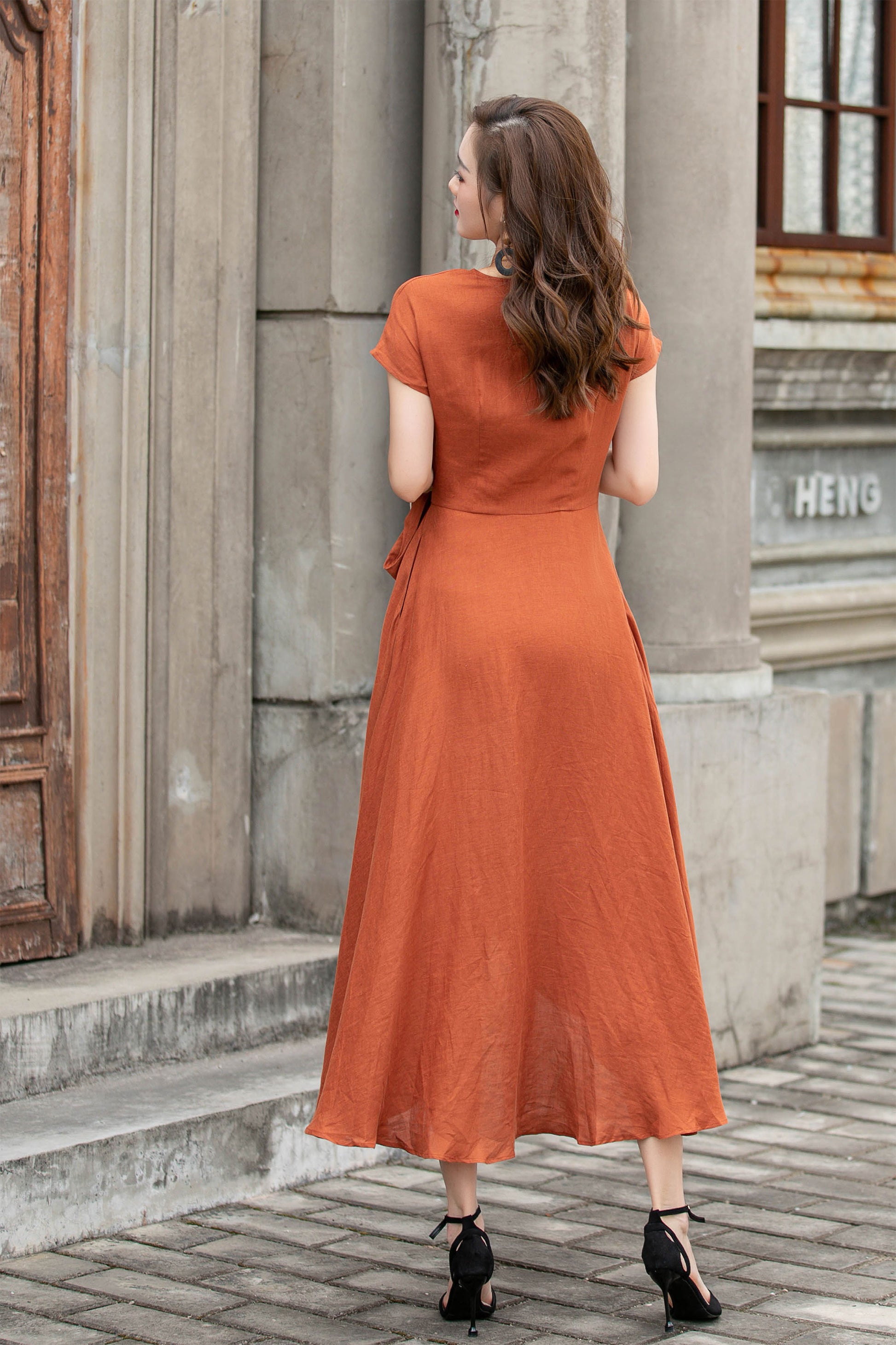 Orange Linen Wrap Dress Handmade V-Neck Summer Midi Dress Xiaolizi Orange Linen Wrap Dress Handmade V-Neck Summer Midi Dress Xiaolizi