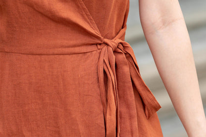 Handmade Linen Wrap Dress | Rust Orange Midi 4287