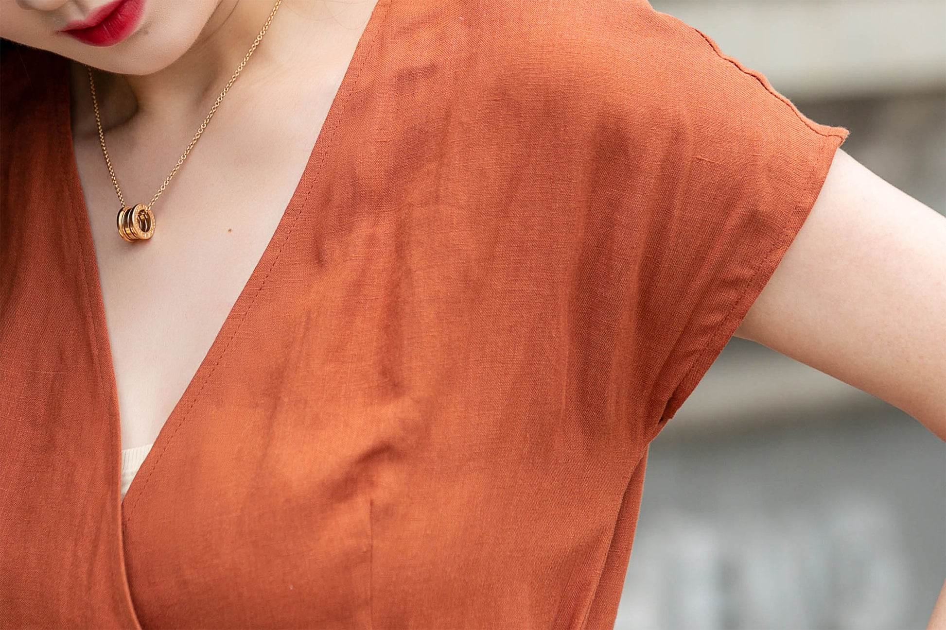 Orange Linen Wrap Dress Handmade V-Neck Summer Midi Dress Xiaolizi Orange Linen Wrap Dress Handmade V-Neck Summer Midi Dress Xiaolizi