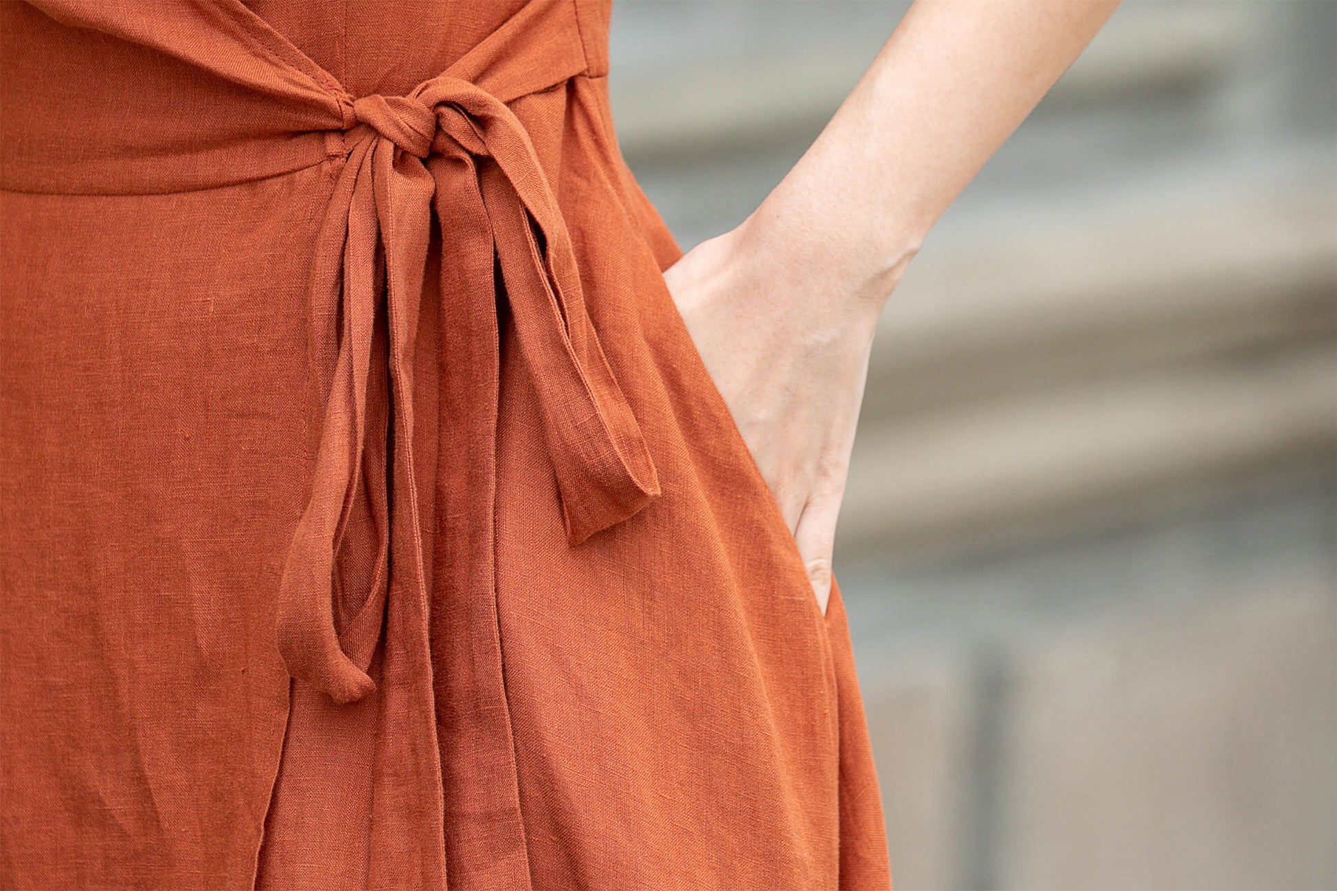 Orange Linen Wrap Dress Handmade V-Neck Summer Midi Dress Orange / XS Orange Linen Wrap Dress Handmade V-Neck Summer Midi Dress Orange / XS