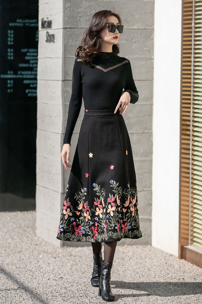 Black Wool Midi Skirt - Flared Silhouette with Embroidered Detail 4127