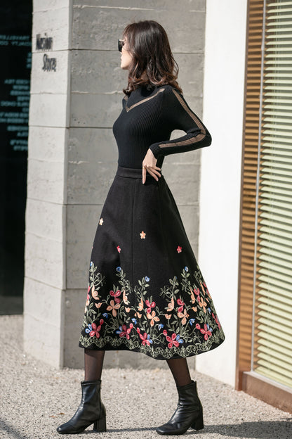 Black Wool Midi Skirt - Flared Silhouette with Embroidered Detail 4127