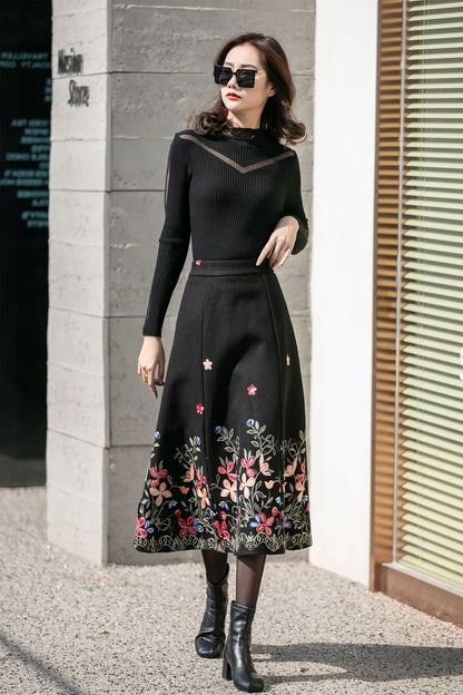 Black Wool Midi Skirt - Flared Silhouette with Embroidered Detail 4127