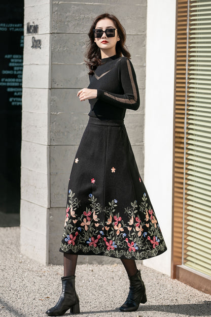 Black Wool Midi Skirt - Flared Silhouette with Embroidered Detail 4127