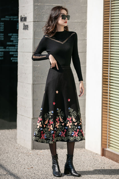 Black Wool Midi Skirt - Flared Silhouette with Embroidered Detail 4127