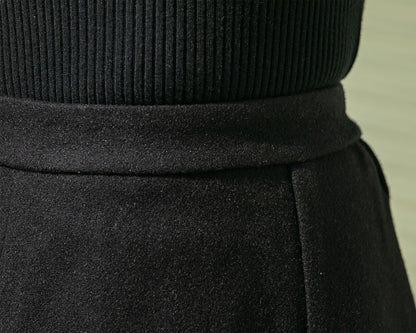 Black Wool Midi Skirt - Flared Silhouette with Embroidered Detail 4127