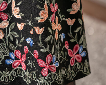 Black Wool Midi Skirt - Flared Silhouette with Embroidered Detail 4127