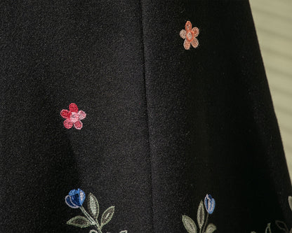 Black Wool Midi Skirt - Flared Silhouette with Embroidered Detail 4127