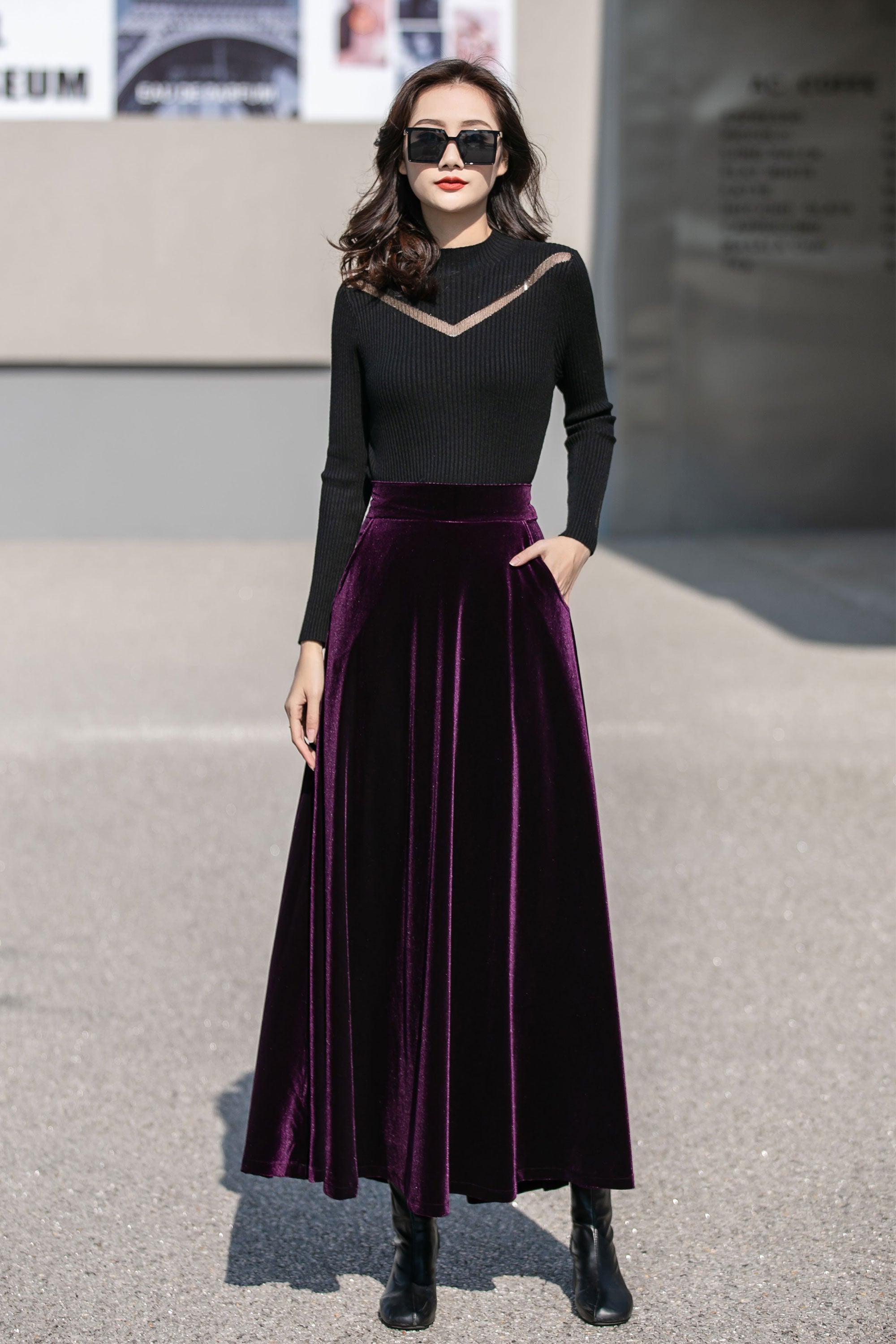 Purple Velvet Maxi Skirt with High Waist and Flowing Full