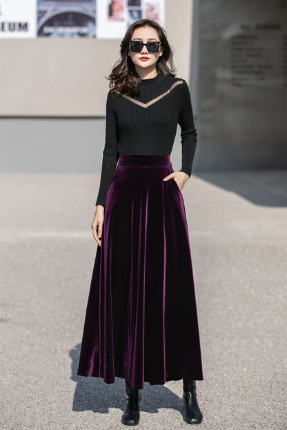 Purple Velvet Maxi Skirt - High Waist Full Flowy Silhouette 4136