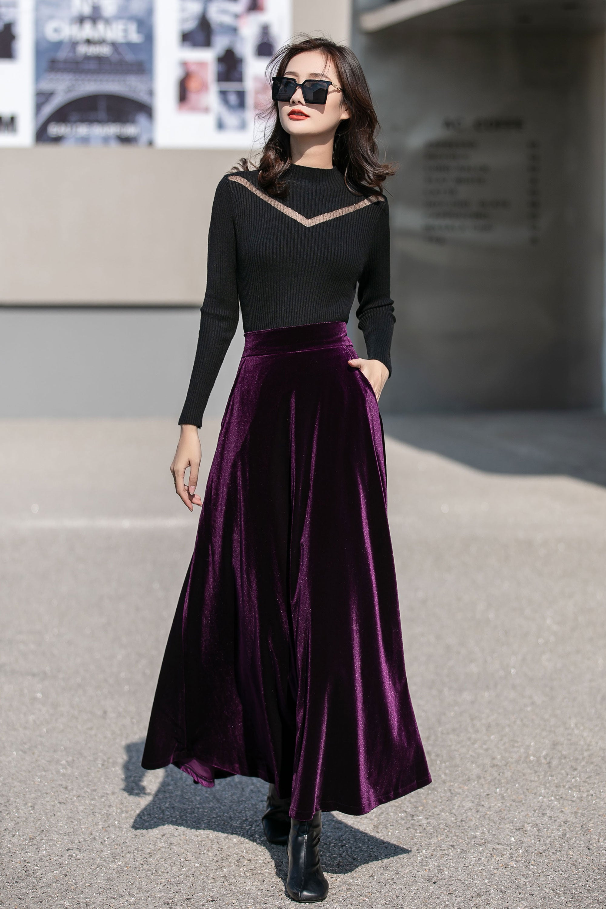 Purple Velvet Maxi Skirt with High Waist and Flowing Full