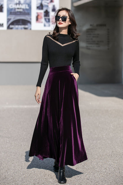 Purple Velvet Maxi Skirt - High Waist Full Flowy Silhouette 4136