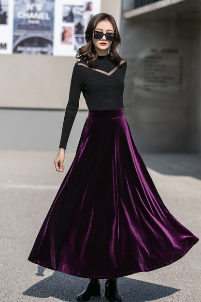 Purple Long Velvet Skirt 4136