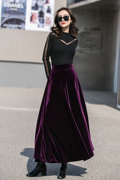 Purple Velvet Maxi Skirt - High Waist Full Flowy Silhouette 4136