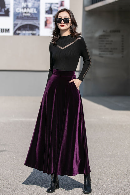 Purple Velvet Maxi Skirt - High Waist Full Flowy Silhouette 4136
