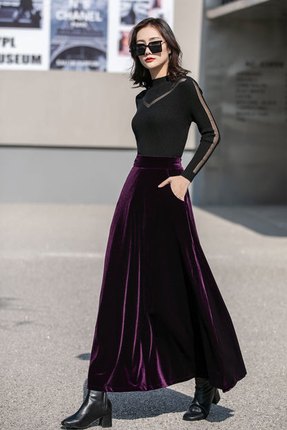 Purple Velvet Maxi Skirt - High Waist Full Flowy Silhouette 4136