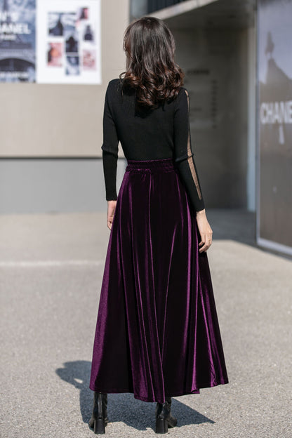 Purple Velvet Maxi Skirt - High Waist Full Flowy Silhouette 4136
