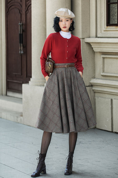 Plaid Wool Midi Skirt – Vintage High Waist Pleated Circle Skirt 5306