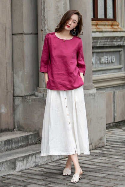 Pink Linen Blouse - Handmade Relaxed Fit with Elbow Sleeves 4290