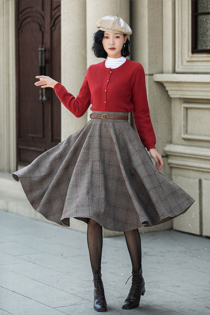 Plaid Wool Midi Skirt – Vintage High Waist Pleated Circle Skirt 5306