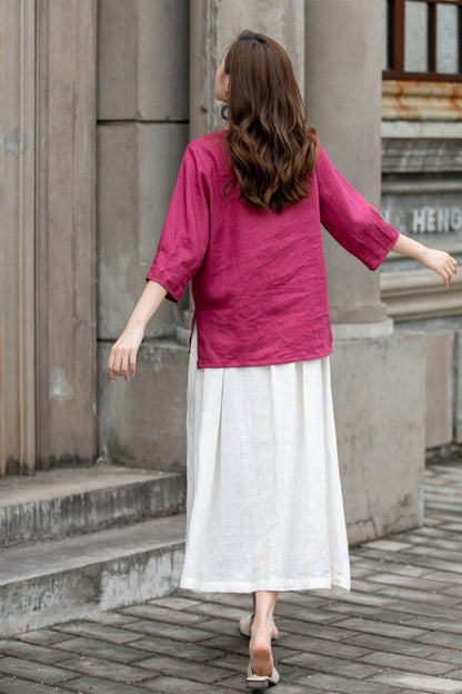 Pink Linen Blouse - Handmade Relaxed Fit with Elbow Sleeves 4290