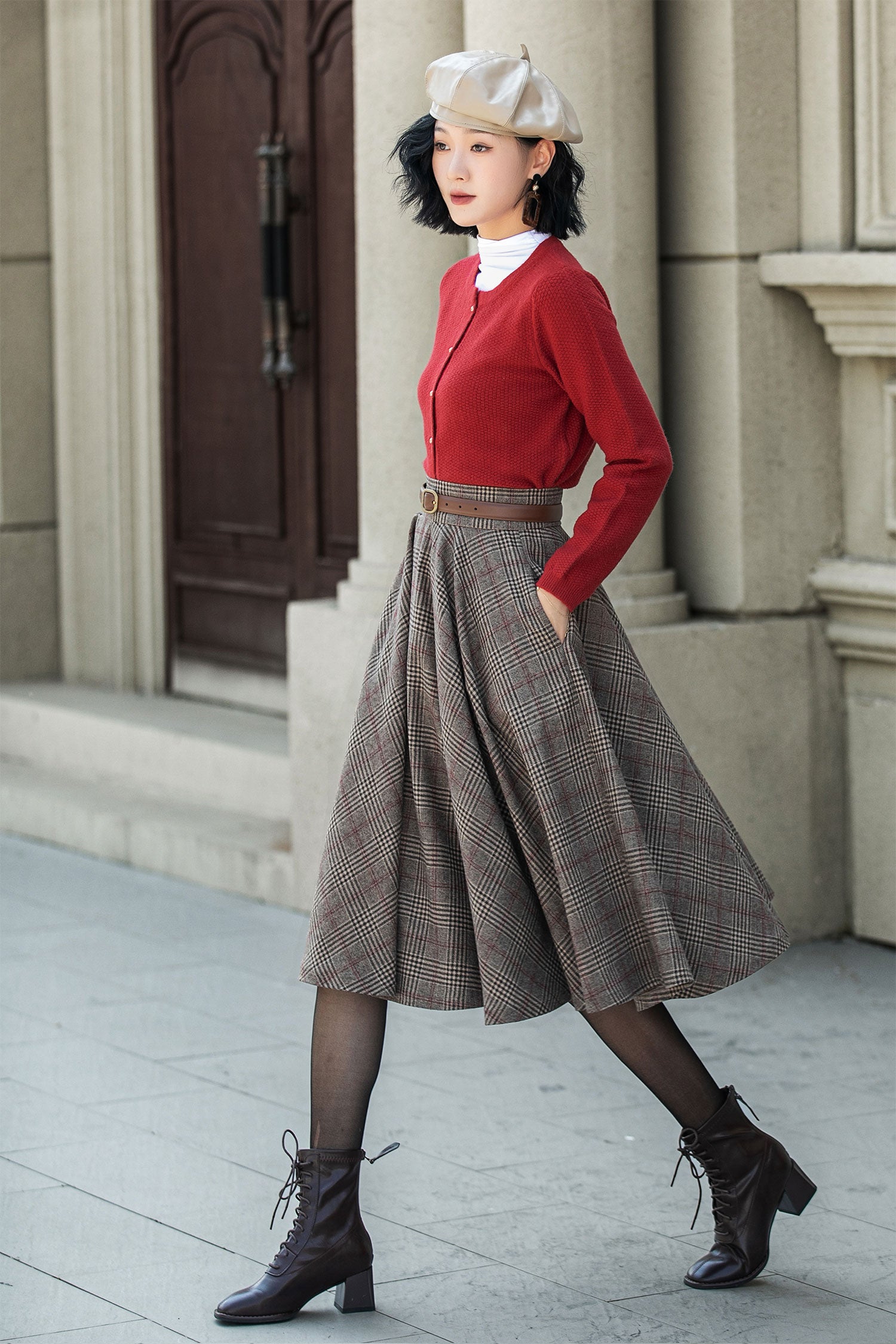 Winter Outfit Gray Skirt Red Cardigan A Line Skirt Winter Outfit