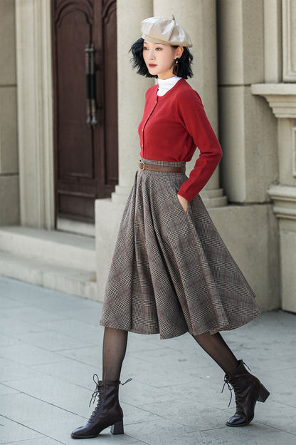 Plaid Wool Midi Skirt – Vintage High Waist Pleated Circle Skirt 5306