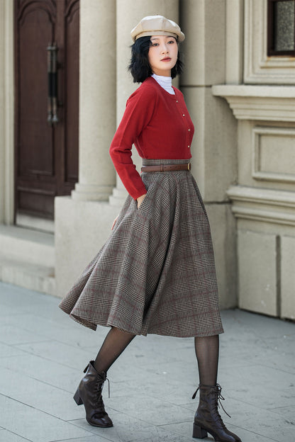Plaid Wool Midi Skirt – Vintage High Waist Pleated Circle Skirt 5306
