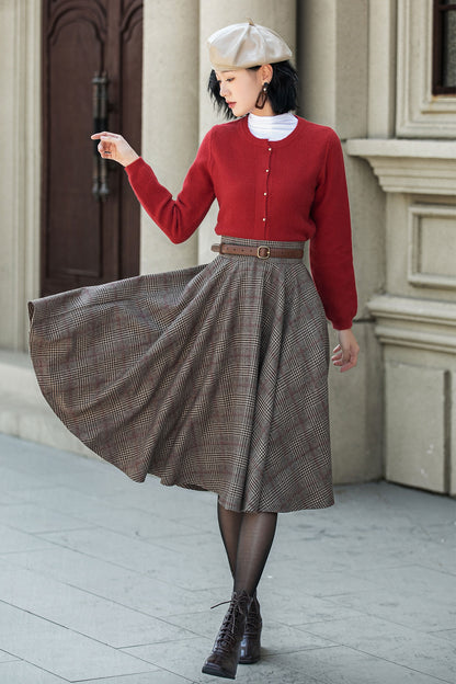 Plaid Wool Midi Skirt – Vintage High Waist Pleated Circle Skirt 5306