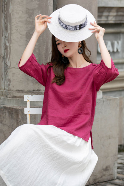 Pink Linen Blouse - Handmade Relaxed Fit with Elbow Sleeves 4290