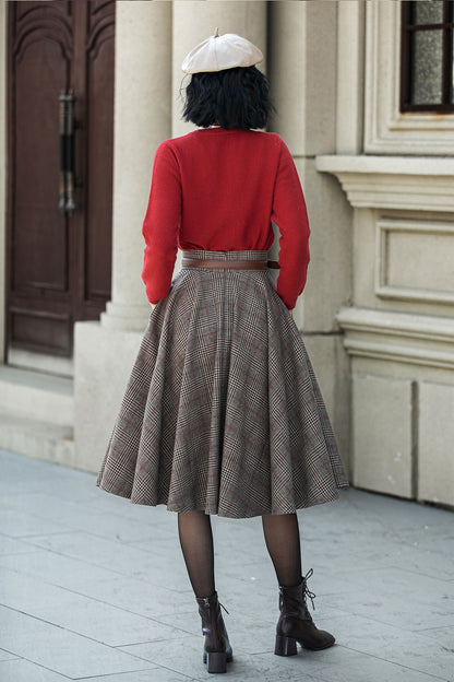 Plaid Wool Midi Skirt – Vintage High Waist Pleated Circle Skirt 5306