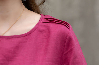 Pink Linen Blouse - Handmade Relaxed Fit with Elbow Sleeves 4290