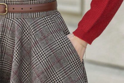 Plaid Wool Midi Skirt – Vintage High Waist Pleated Circle Skirt 5306