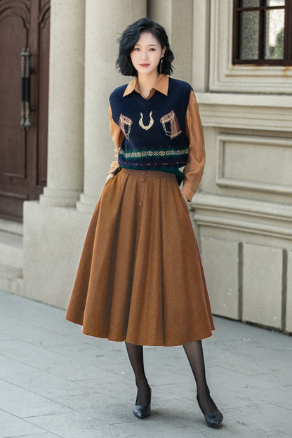 Camel Wool Midi Skirt - High Waist A-Line Flared 6339