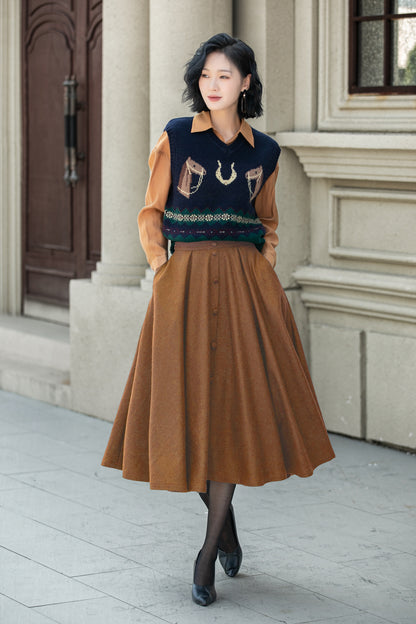 Camel Wool Midi Skirt - High Waist A-Line Flared 6339