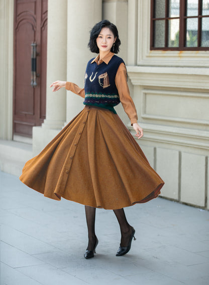 High waist a line winter wool skirt 6339