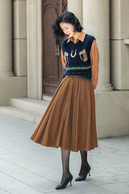Camel Wool Midi Skirt - High Waist A-Line Flared 6339