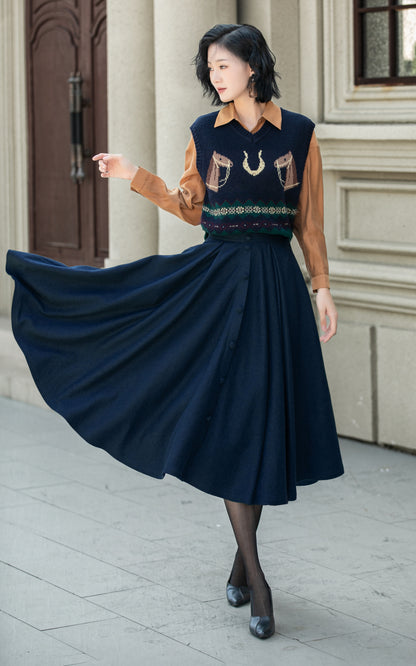 High waist a line winter wool skirt 6338