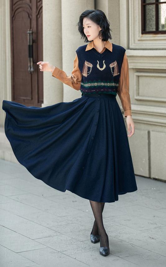 High waist a line winter wool skirt 6338