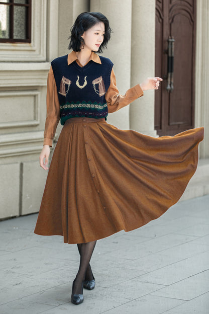 Camel Wool Midi Skirt - High Waist A-Line Flared 6339