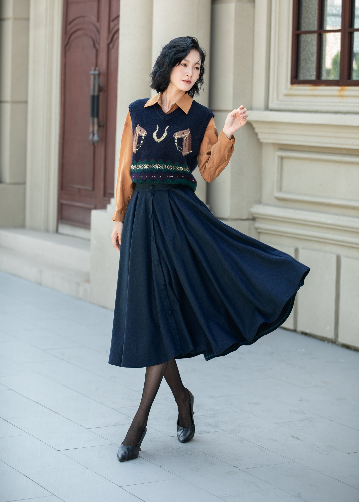 High waist a line winter wool skirt 6338