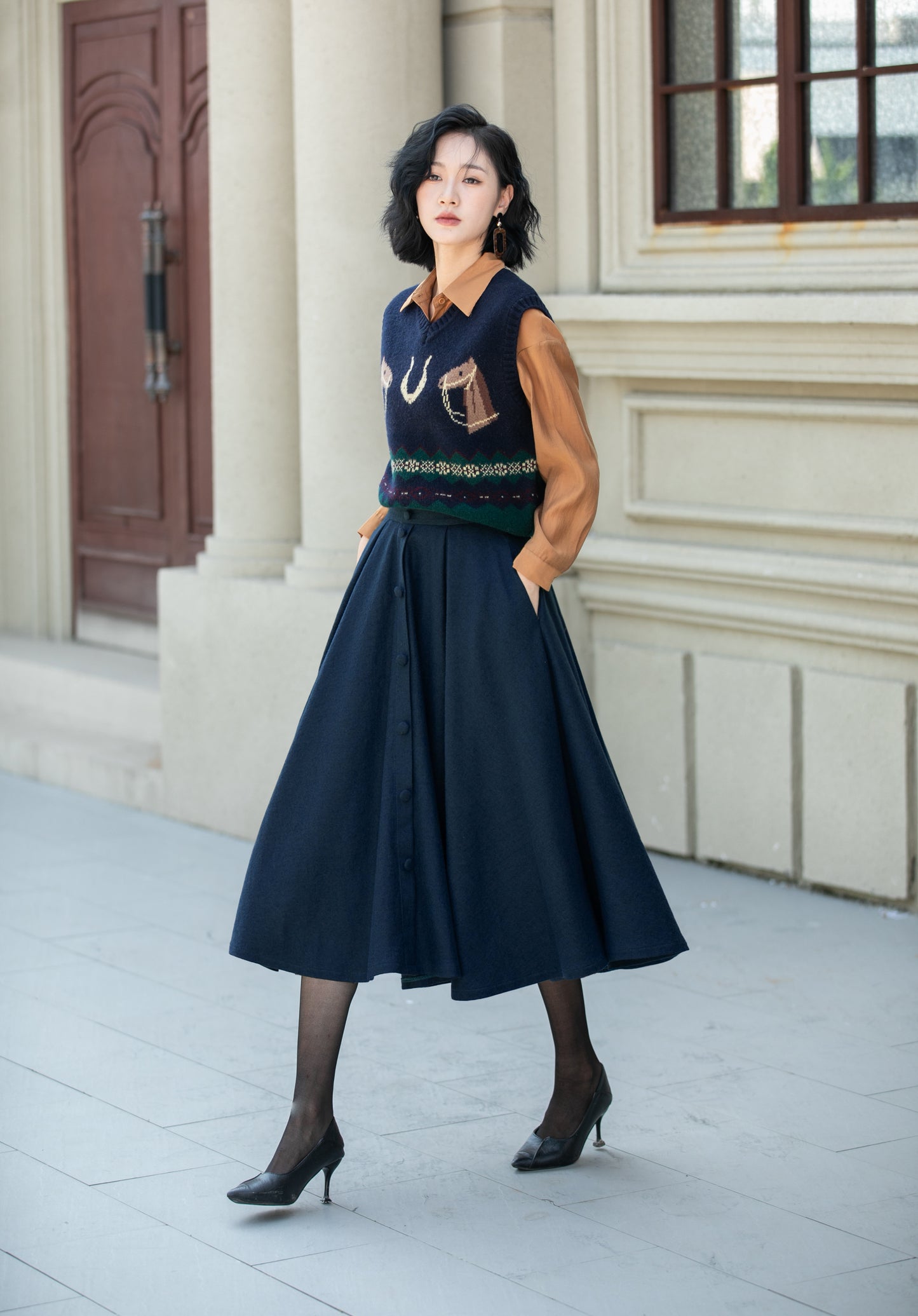 High waist a line winter wool skirt 6338