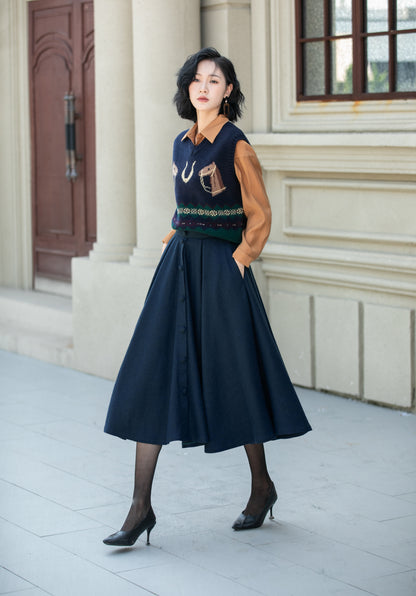 High waist a line winter wool skirt 6338