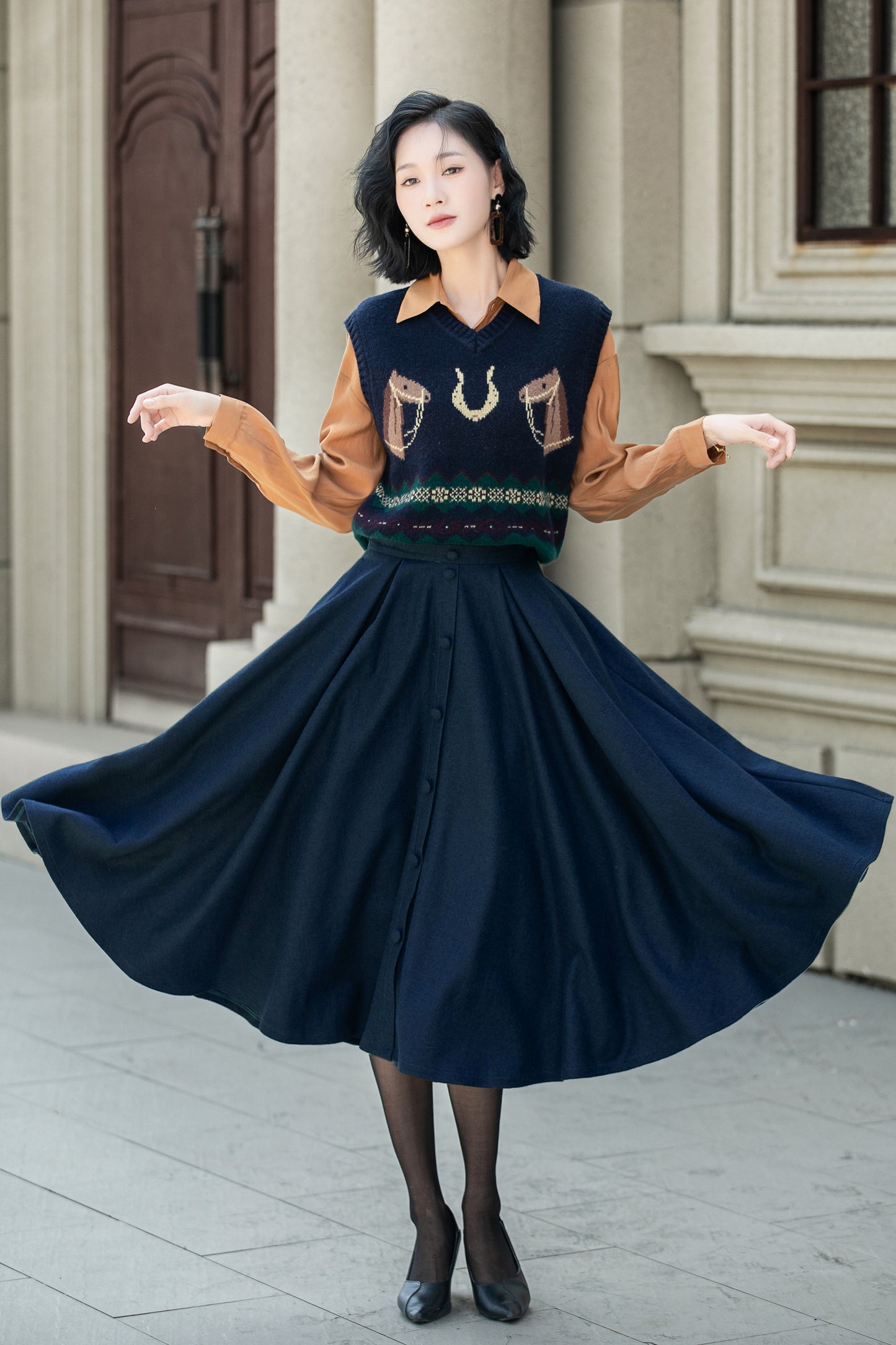 High waist a line winter wool skirt 6338